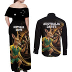 Australia Kangaroo Mascot Darts Couples Matching Off Shoulder Maxi Dress and Long Sleeve Button Shirt Black Edition