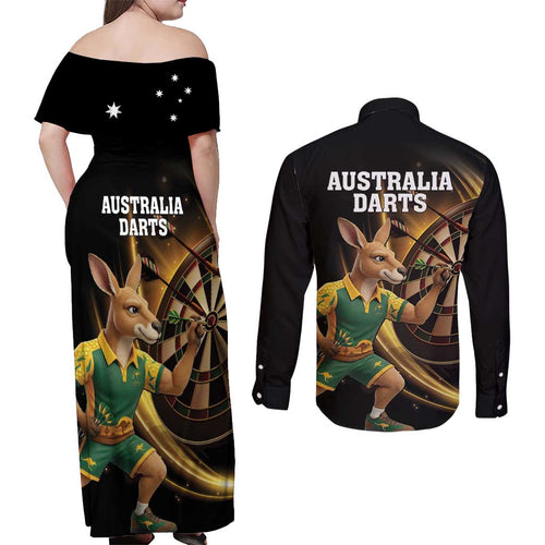 Australia Kangaroo Mascot Darts Couples Matching Off Shoulder Maxi Dress and Long Sleeve Button Shirt Black Edition