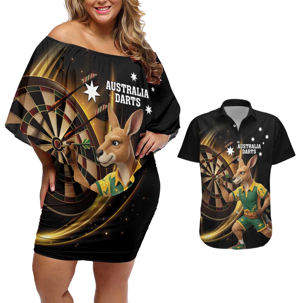 Australia Kangaroo Mascot Darts Couples Matching Off Shoulder Short Dress and Hawaiian Shirt Black Edition