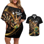 Australia Kangaroo Mascot Darts Couples Matching Off Shoulder Short Dress and Hawaiian Shirt Black Edition