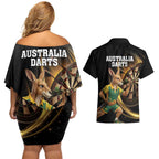 Australia Kangaroo Mascot Darts Couples Matching Off Shoulder Short Dress and Hawaiian Shirt Black Edition