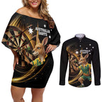 Australia Kangaroo Mascot Darts Couples Matching Off Shoulder Short Dress and Long Sleeve Button Shirt Black Edition