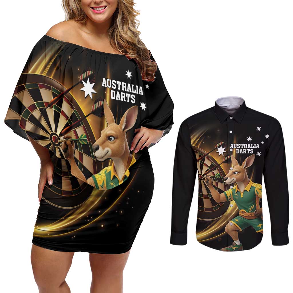 Australia Kangaroo Mascot Darts Couples Matching Off Shoulder Short Dress and Long Sleeve Button Shirt Black Edition