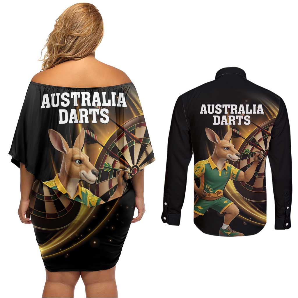 Australia Kangaroo Mascot Darts Couples Matching Off Shoulder Short Dress and Long Sleeve Button Shirt Black Edition