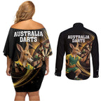 Australia Kangaroo Mascot Darts Couples Matching Off Shoulder Short Dress and Long Sleeve Button Shirt Black Edition
