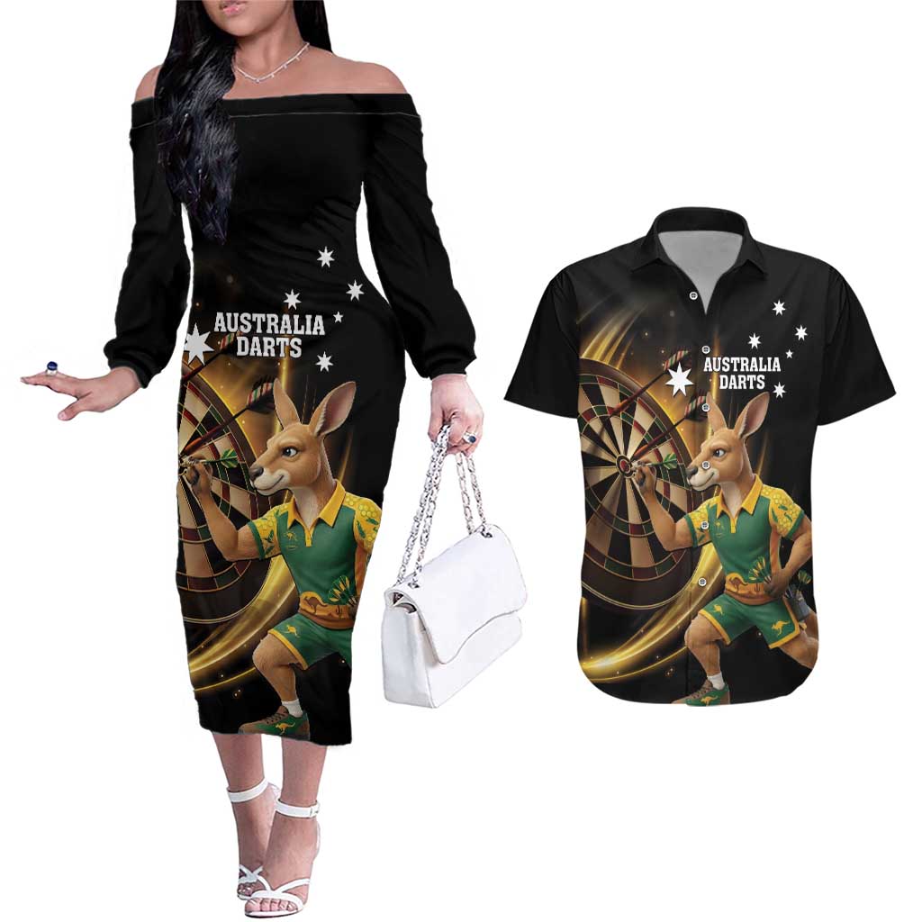 Australia Kangaroo Mascot Darts Couples Matching Off The Shoulder Long Sleeve Dress and Hawaiian Shirt Black Edition