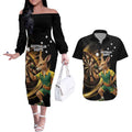 Australia Kangaroo Mascot Darts Couples Matching Off The Shoulder Long Sleeve Dress and Hawaiian Shirt Black Edition