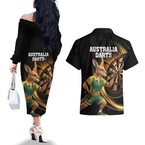 Australia Kangaroo Mascot Darts Couples Matching Off The Shoulder Long Sleeve Dress and Hawaiian Shirt Black Edition