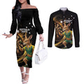 Australia Kangaroo Mascot Darts Couples Matching Off The Shoulder Long Sleeve Dress and Long Sleeve Button Shirt Black Edition