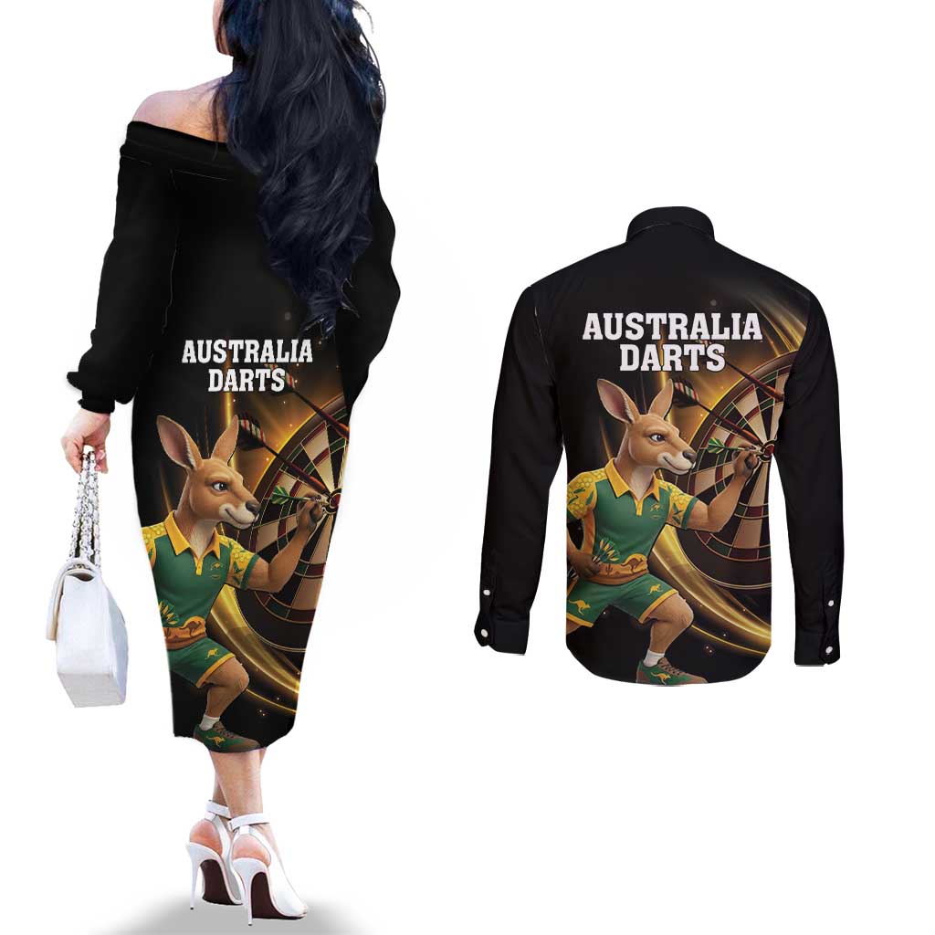 Australia Kangaroo Mascot Darts Couples Matching Off The Shoulder Long Sleeve Dress and Long Sleeve Button Shirt Black Edition