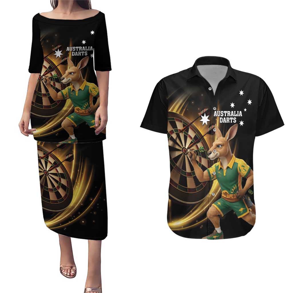 Australia Kangaroo Mascot Darts Couples Matching Puletasi and Hawaiian Shirt Black Edition