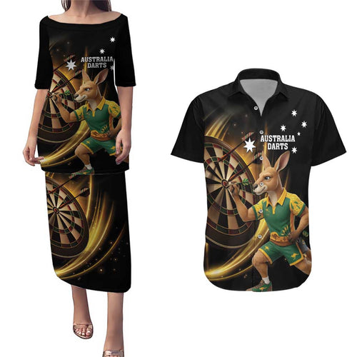 Australia Kangaroo Mascot Darts Couples Matching Puletasi and Hawaiian Shirt Black Edition