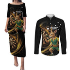 Australia Kangaroo Mascot Darts Couples Matching Puletasi and Long Sleeve Button Shirt Black Edition