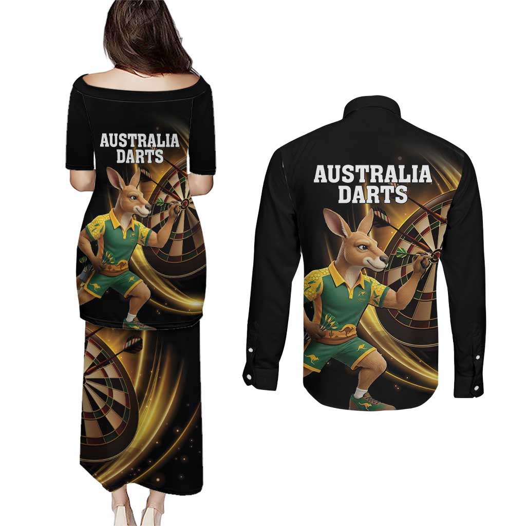 Australia Kangaroo Mascot Darts Couples Matching Puletasi and Long Sleeve Button Shirt Black Edition