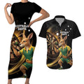 Australia Kangaroo Mascot Darts Couples Matching Short Sleeve Bodycon Dress and Hawaiian Shirt Black Edition
