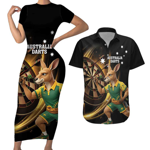 Australia Kangaroo Mascot Darts Couples Matching Short Sleeve Bodycon Dress and Hawaiian Shirt Black Edition