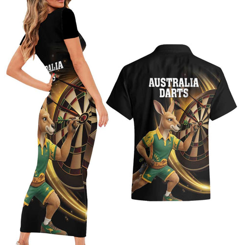 Australia Kangaroo Mascot Darts Couples Matching Short Sleeve Bodycon Dress and Hawaiian Shirt Black Edition
