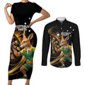 Australia Kangaroo Mascot Darts Couples Matching Short Sleeve Bodycon Dress and Long Sleeve Button Shirt Black Edition
