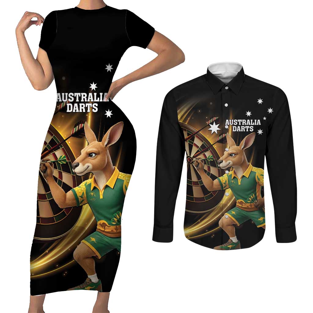 Australia Kangaroo Mascot Darts Couples Matching Short Sleeve Bodycon Dress and Long Sleeve Button Shirt Black Edition