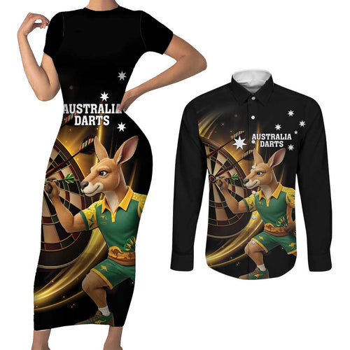 Australia Kangaroo Mascot Darts Couples Matching Short Sleeve Bodycon Dress and Long Sleeve Button Shirt Black Edition