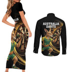 Australia Kangaroo Mascot Darts Couples Matching Short Sleeve Bodycon Dress and Long Sleeve Button Shirt Black Edition