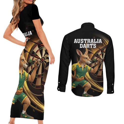 Australia Kangaroo Mascot Darts Couples Matching Short Sleeve Bodycon Dress and Long Sleeve Button Shirt Black Edition