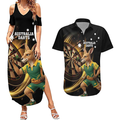 Australia Kangaroo Mascot Darts Couples Matching Summer Maxi Dress and Hawaiian Shirt Black Edition