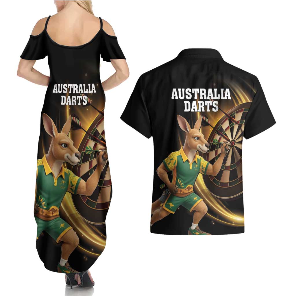 Australia Kangaroo Mascot Darts Couples Matching Summer Maxi Dress and Hawaiian Shirt Black Edition
