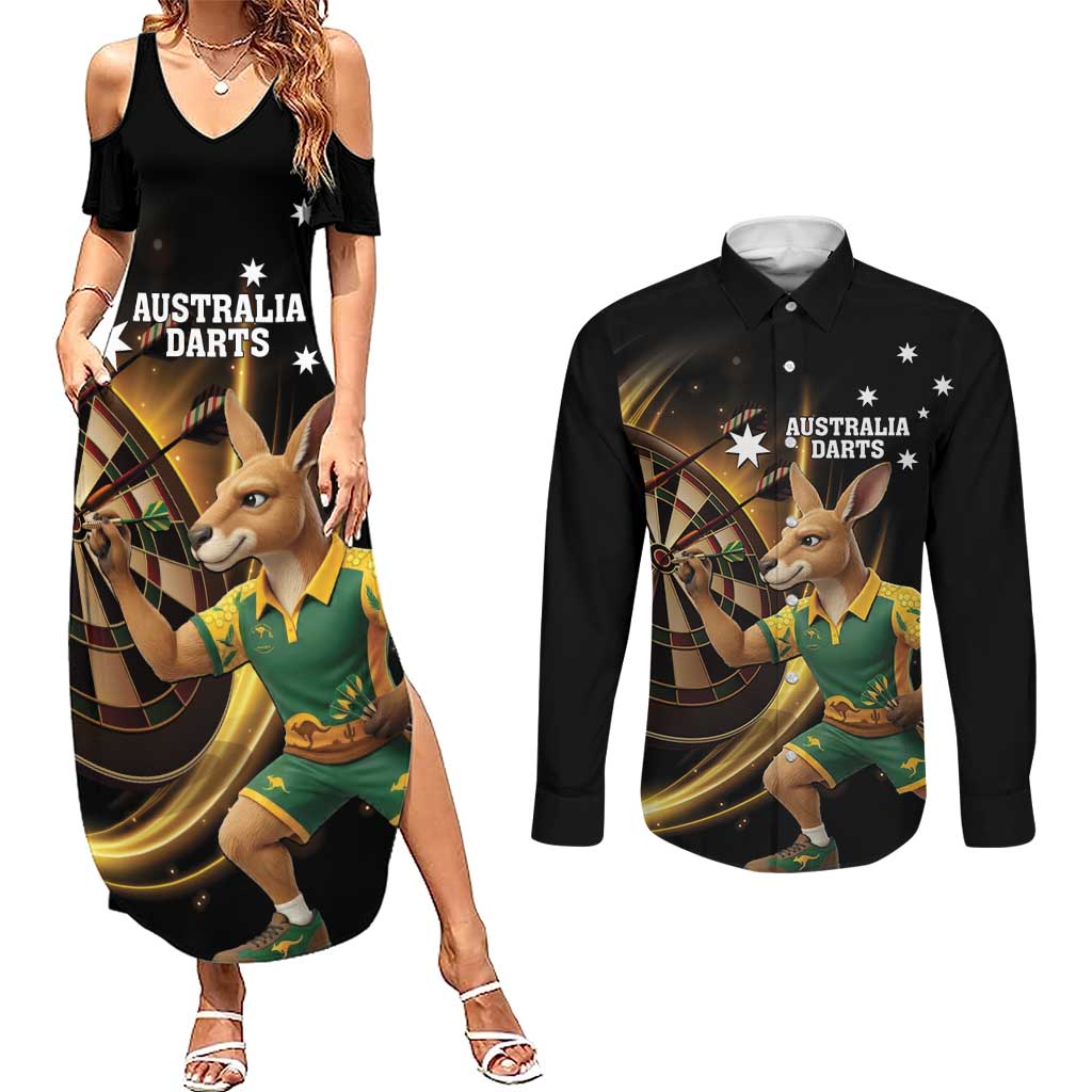 Australia Kangaroo Mascot Darts Couples Matching Summer Maxi Dress and Long Sleeve Button Shirt Black Edition
