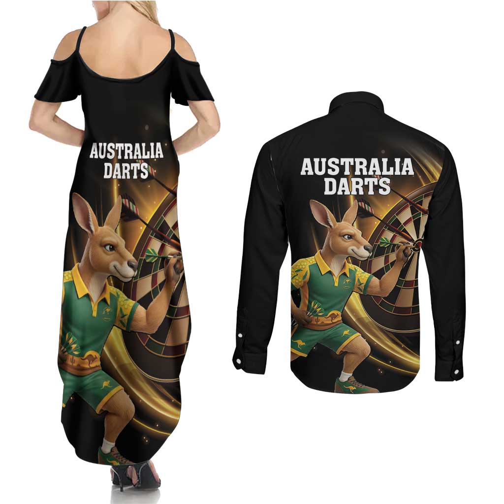 Australia Kangaroo Mascot Darts Couples Matching Summer Maxi Dress and Long Sleeve Button Shirt Black Edition