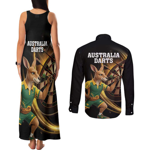 Australia Kangaroo Mascot Darts Couples Matching Tank Maxi Dress and Long Sleeve Button Shirt Black Edition