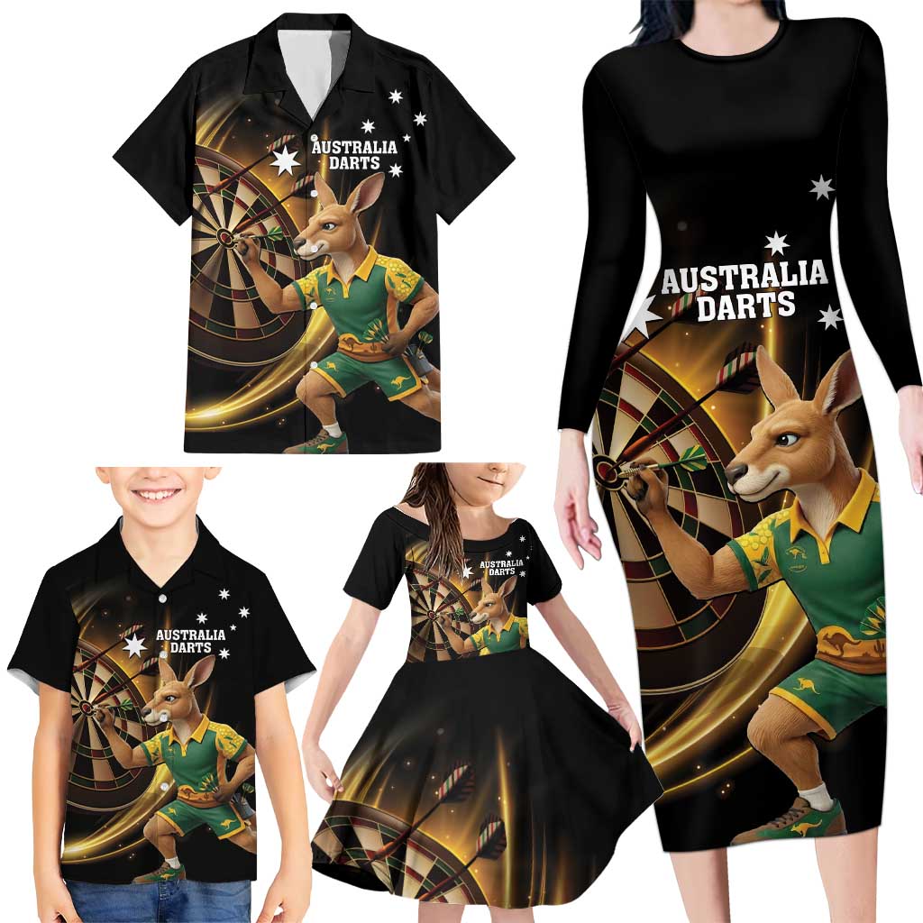 Australia Kangaroo Mascot Darts Family Matching Long Sleeve Bodycon Dress and Hawaiian Shirt Black Edition