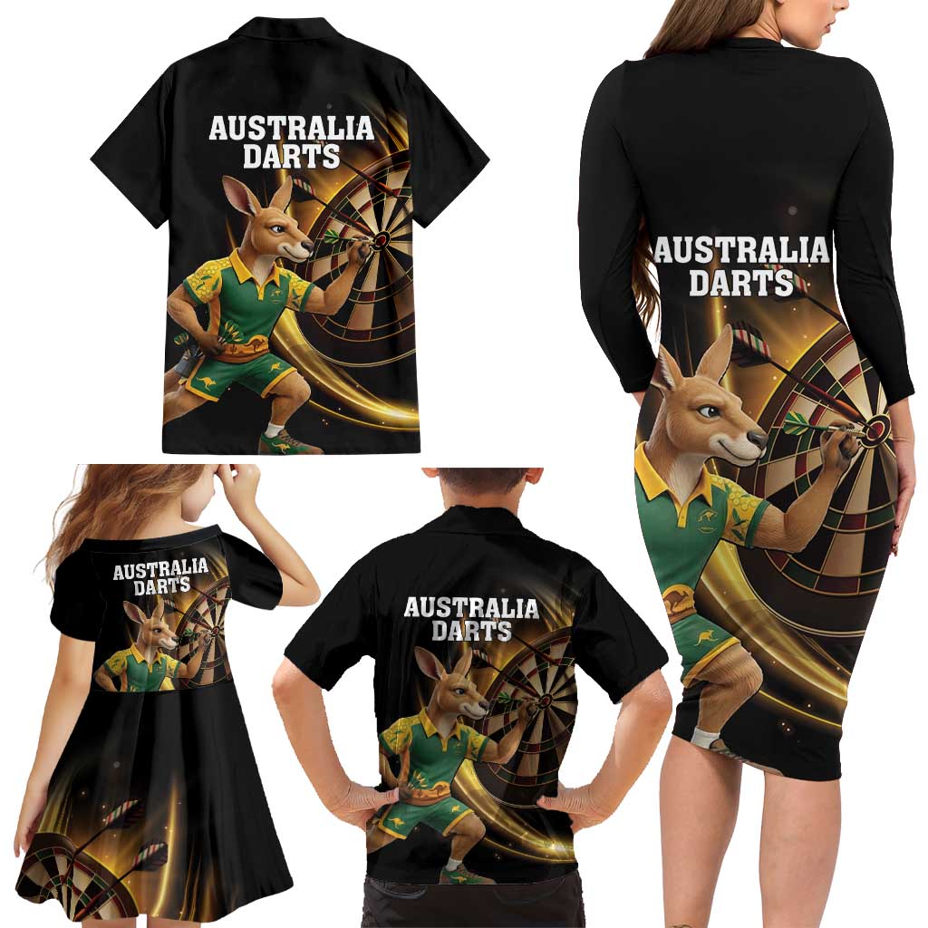 Australia Kangaroo Mascot Darts Family Matching Long Sleeve Bodycon Dress and Hawaiian Shirt Black Edition