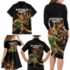 Australia Kangaroo Mascot Darts Family Matching Long Sleeve Bodycon Dress and Hawaiian Shirt Black Edition