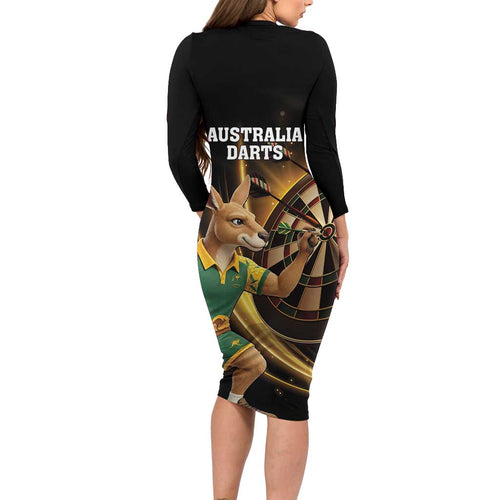 Australia Kangaroo Mascot Darts Family Matching Long Sleeve Bodycon Dress and Hawaiian Shirt Black Edition