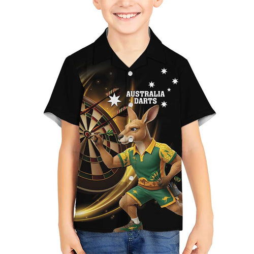 Australia Kangaroo Mascot Darts Family Matching Long Sleeve Bodycon Dress and Hawaiian Shirt Black Edition