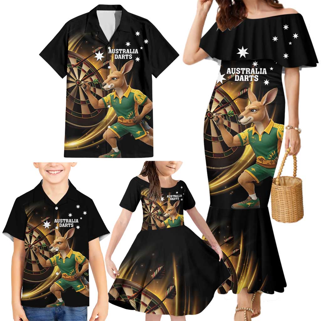 Australia Kangaroo Mascot Darts Family Matching Mermaid Dress and Hawaiian Shirt Black Edition