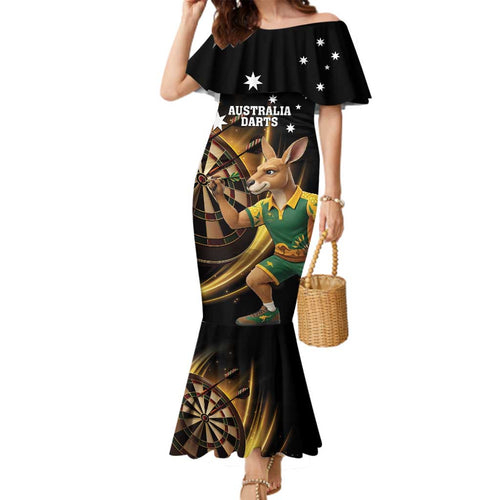 Australia Kangaroo Mascot Darts Family Matching Mermaid Dress and Hawaiian Shirt Black Edition