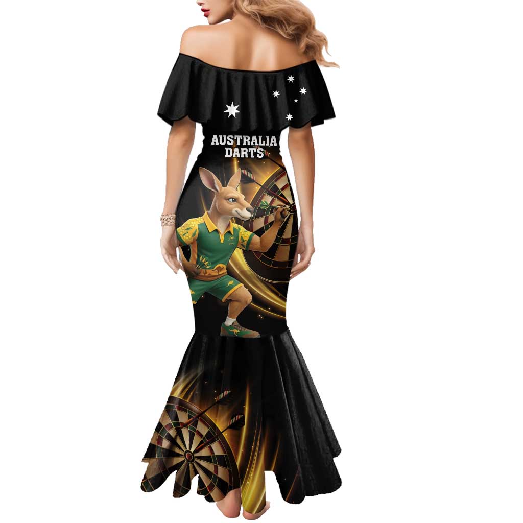 Australia Kangaroo Mascot Darts Family Matching Mermaid Dress and Hawaiian Shirt Black Edition