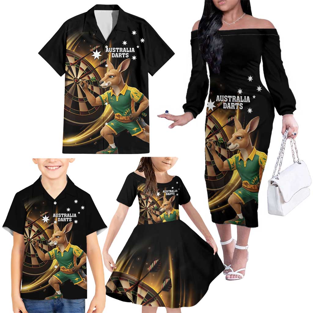 Australia Kangaroo Mascot Darts Family Matching Off The Shoulder Long Sleeve Dress and Hawaiian Shirt Black Edition