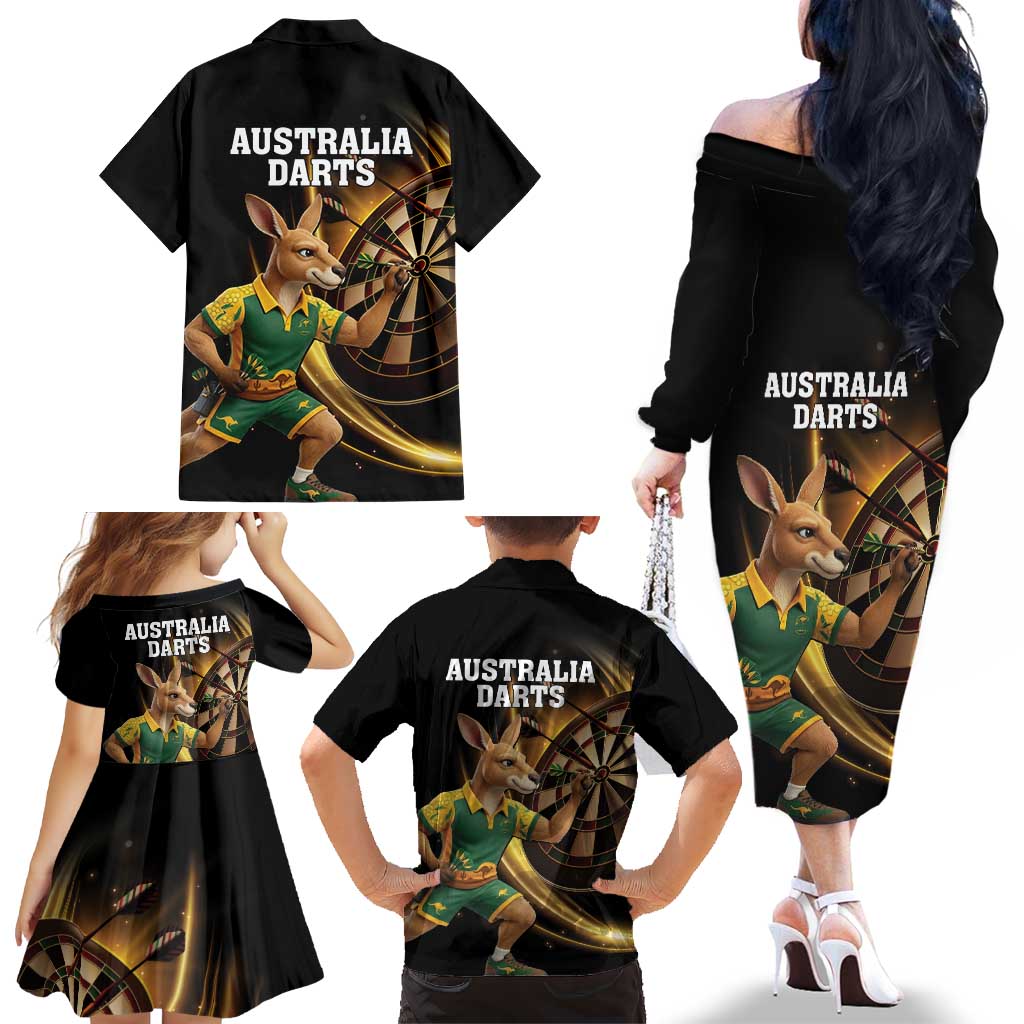 Australia Kangaroo Mascot Darts Family Matching Off The Shoulder Long Sleeve Dress and Hawaiian Shirt Black Edition