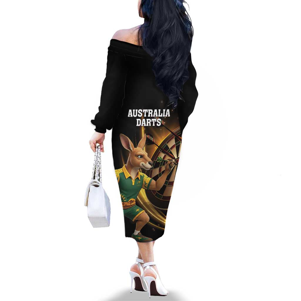 Australia Kangaroo Mascot Darts Family Matching Off The Shoulder Long Sleeve Dress and Hawaiian Shirt Black Edition