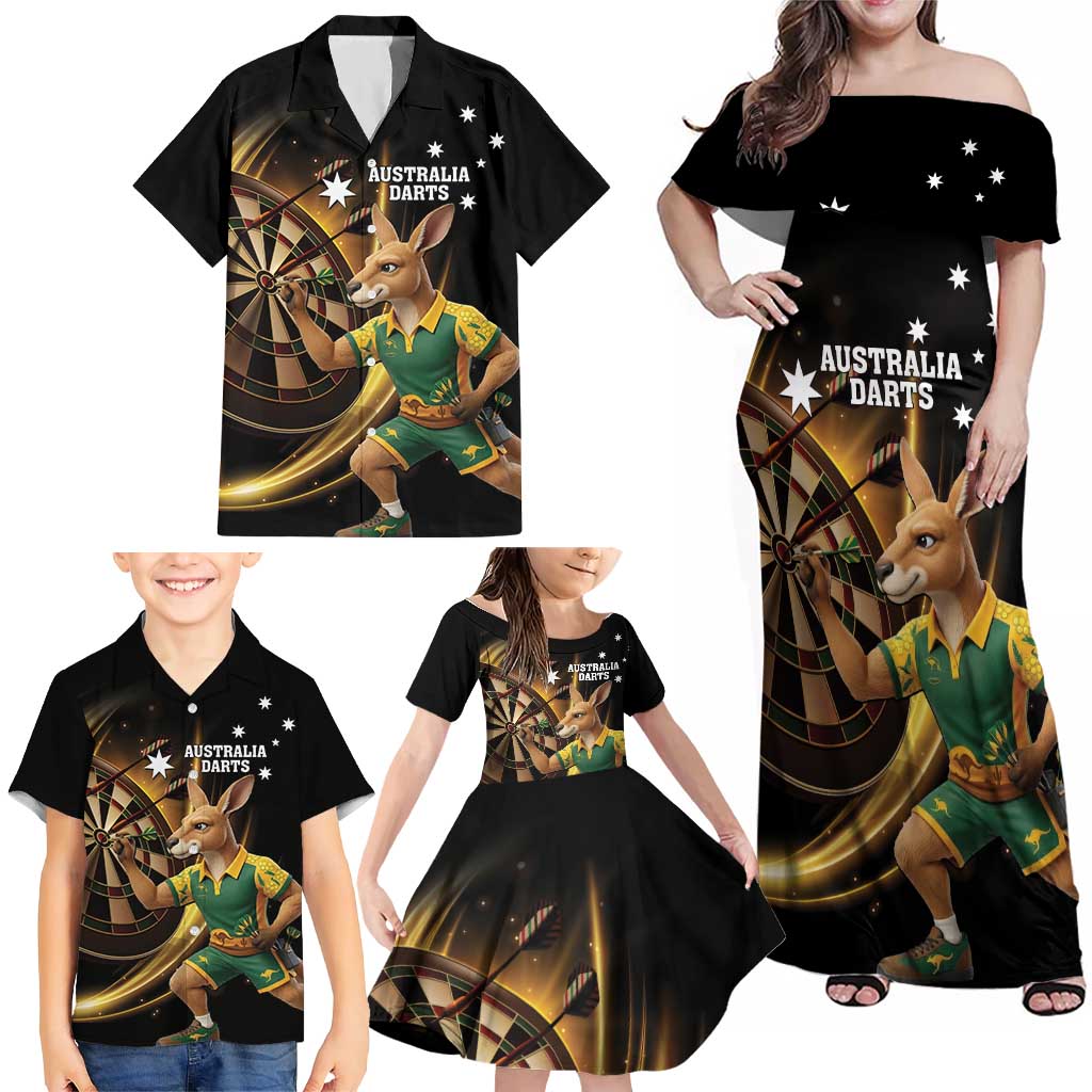 Australia Kangaroo Mascot Darts Family Matching Off Shoulder Maxi Dress and Hawaiian Shirt Black Edition