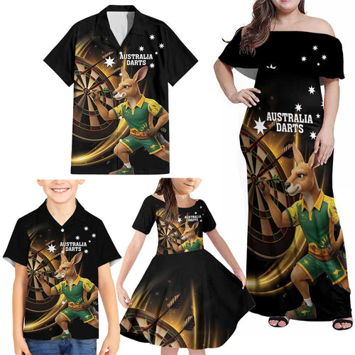 Australia Kangaroo Mascot Darts Family Matching Off Shoulder Maxi Dress and Hawaiian Shirt Black Edition