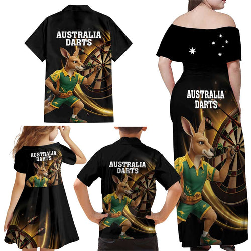 Australia Kangaroo Mascot Darts Family Matching Off Shoulder Maxi Dress and Hawaiian Shirt Black Edition