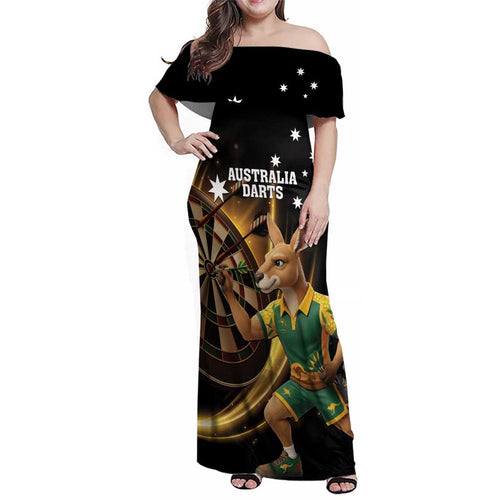 Australia Kangaroo Mascot Darts Family Matching Off Shoulder Maxi Dress and Hawaiian Shirt Black Edition