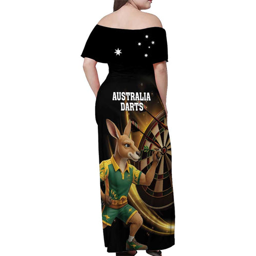 Australia Kangaroo Mascot Darts Family Matching Off Shoulder Maxi Dress and Hawaiian Shirt Black Edition
