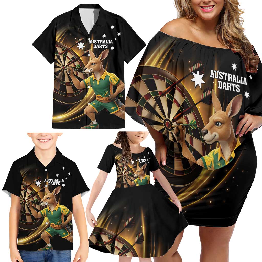 Australia Kangaroo Mascot Darts Family Matching Off Shoulder Short Dress and Hawaiian Shirt Black Edition