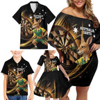 Australia Kangaroo Mascot Darts Family Matching Off Shoulder Short Dress and Hawaiian Shirt Black Edition
