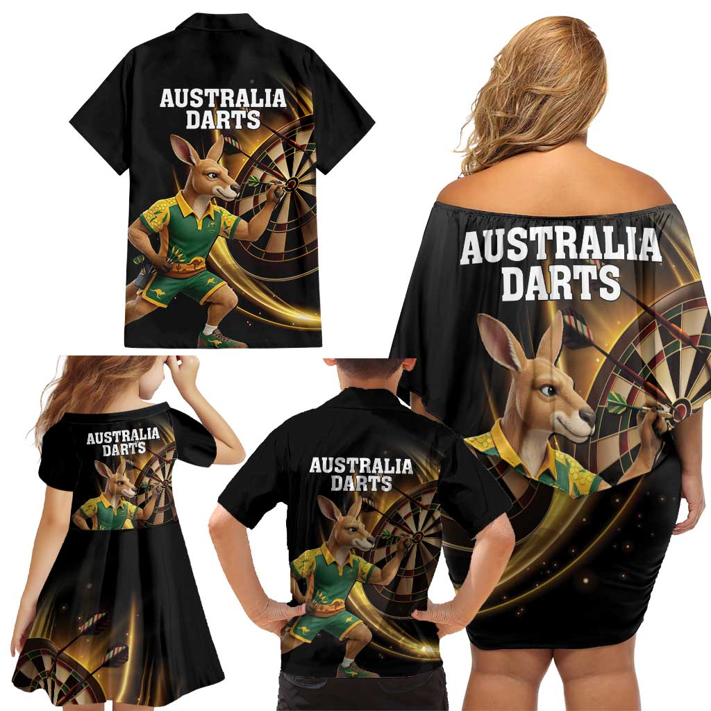 Australia Kangaroo Mascot Darts Family Matching Off Shoulder Short Dress and Hawaiian Shirt Black Edition